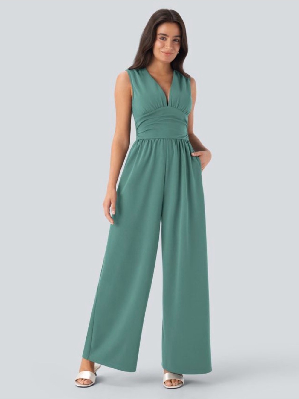 HALARA Women's Seafoam Green V-Neck Sleeveless Ruched Pocket Wide Leg Jumpsuit